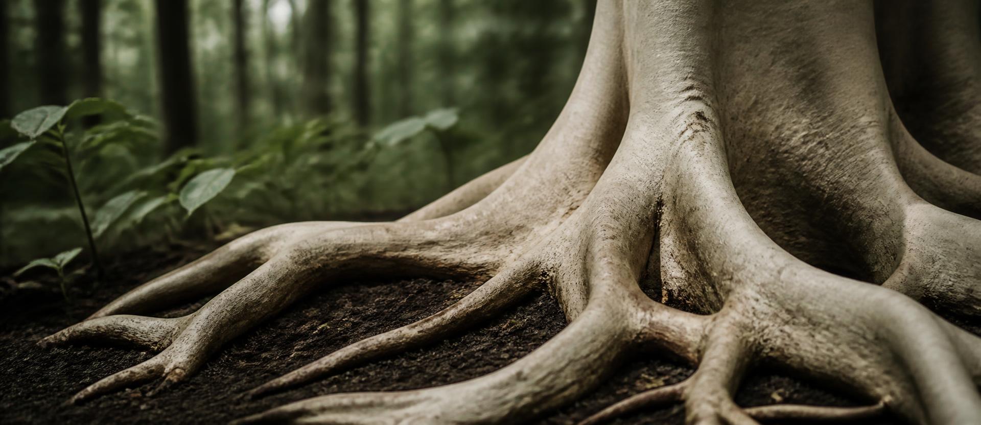 Tree roots intertwined with dark forest soil